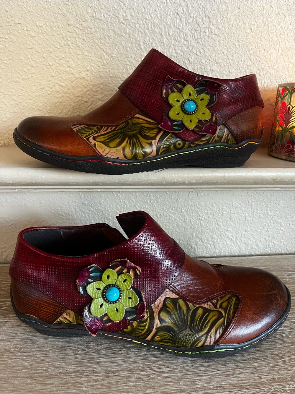 Socofy Leather Splicing Flower Ankle Boots Women’s Size 10 Boho Art To Wear